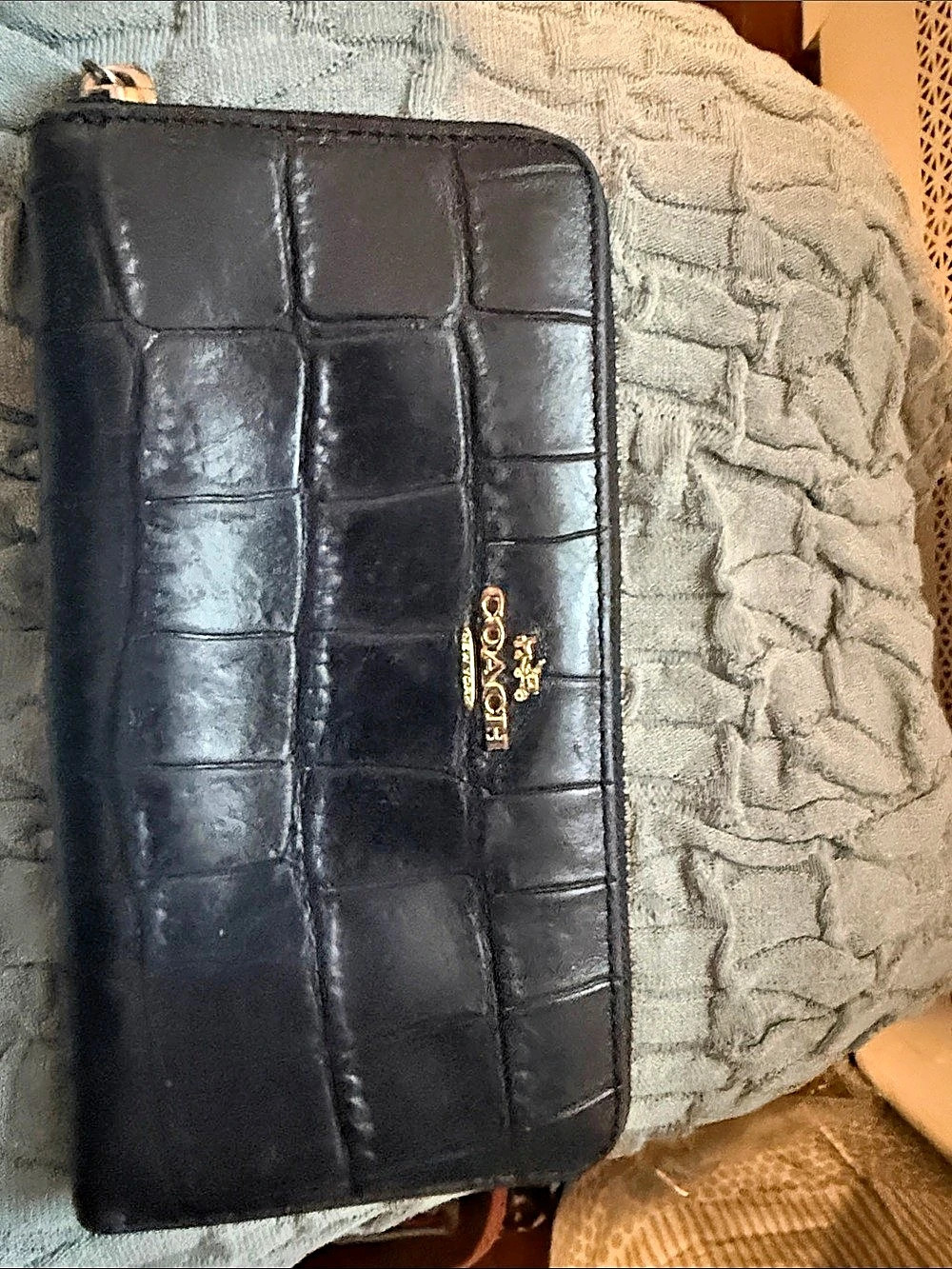 COACH Long Zip Around Wallet in Crocodile-Embossed Leather Black